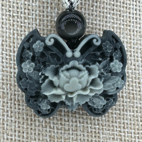 Tai Chi Stone Butterfly Pendant Necklace Silver Accent on Rope - Picture 8 of 9